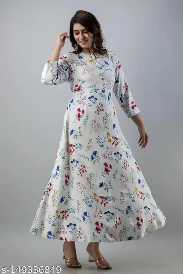 Anarkali Rayon Printed Kurti for Women (White & Blue, M) | Elegant Ethnic Wear