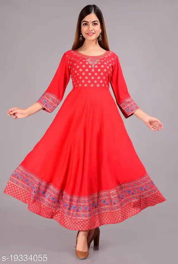 Rayon Printed Anarkali Kurti for Women (Red, S) | | Elegant Ethnic Wear