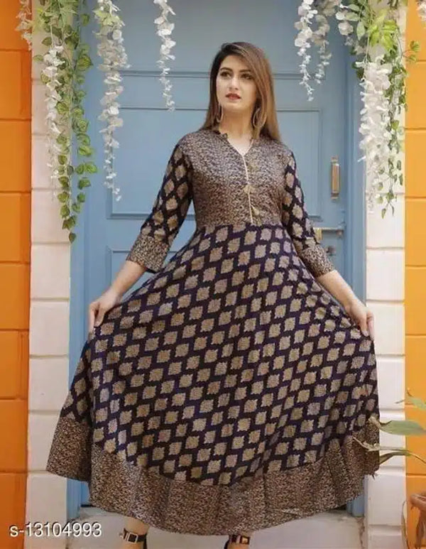 Rayon Printed Anarkali Kurti for Women – Navy Blue, Size S | Elegant Ethnic Wear