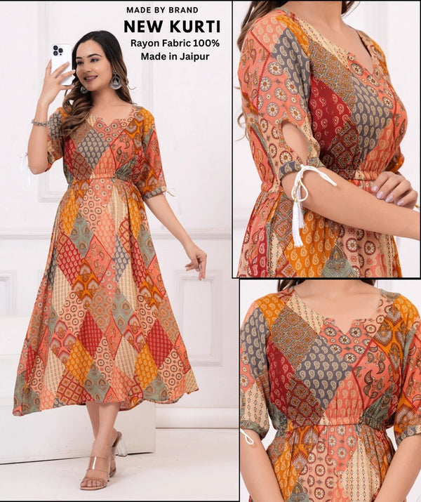 Rayon Printed Anarkali Kurti for Women - (Multicolor, XS) | Elegant Ethnic Wear