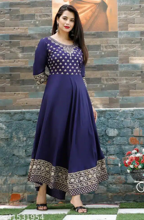 Rayon Printed Anarkali Kurti for Women – Blue, Size S | Elegant Ethnic Wear