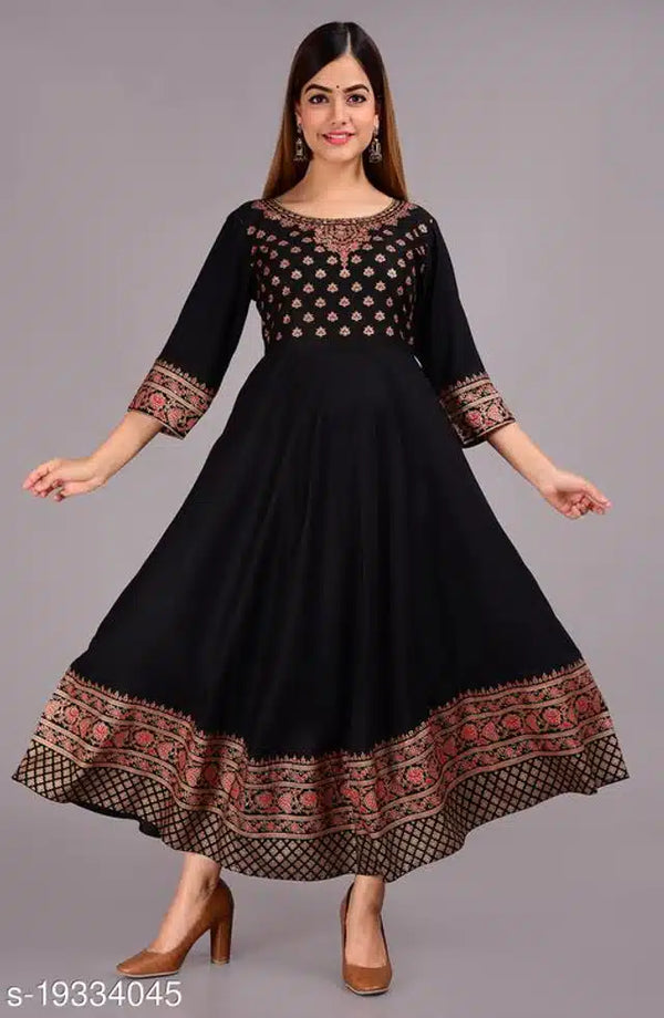 Rayon Printed Anarkali Kurti for Women (Black, S) | Elegant Ethnic Wear