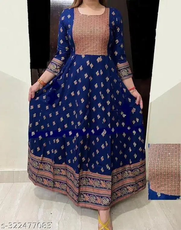 Anarkali Rayon Printed Kurti for Women (Royal Blue & Peach, S) | Elegant Ethnic Wear